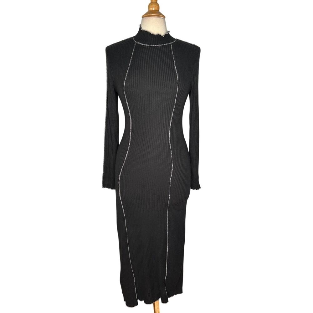 And Now This Black Long Sleeve Ribbed Mock Neck Bodycon Dress Midi Goth 1035